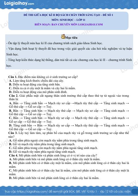 Đề thi giữa học kì 2 Sinh 11 Chân trời sáng tạo - Đề số 1